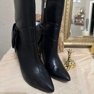 New York & Company Black Pointed-Toe Knee Boots with Side Bow